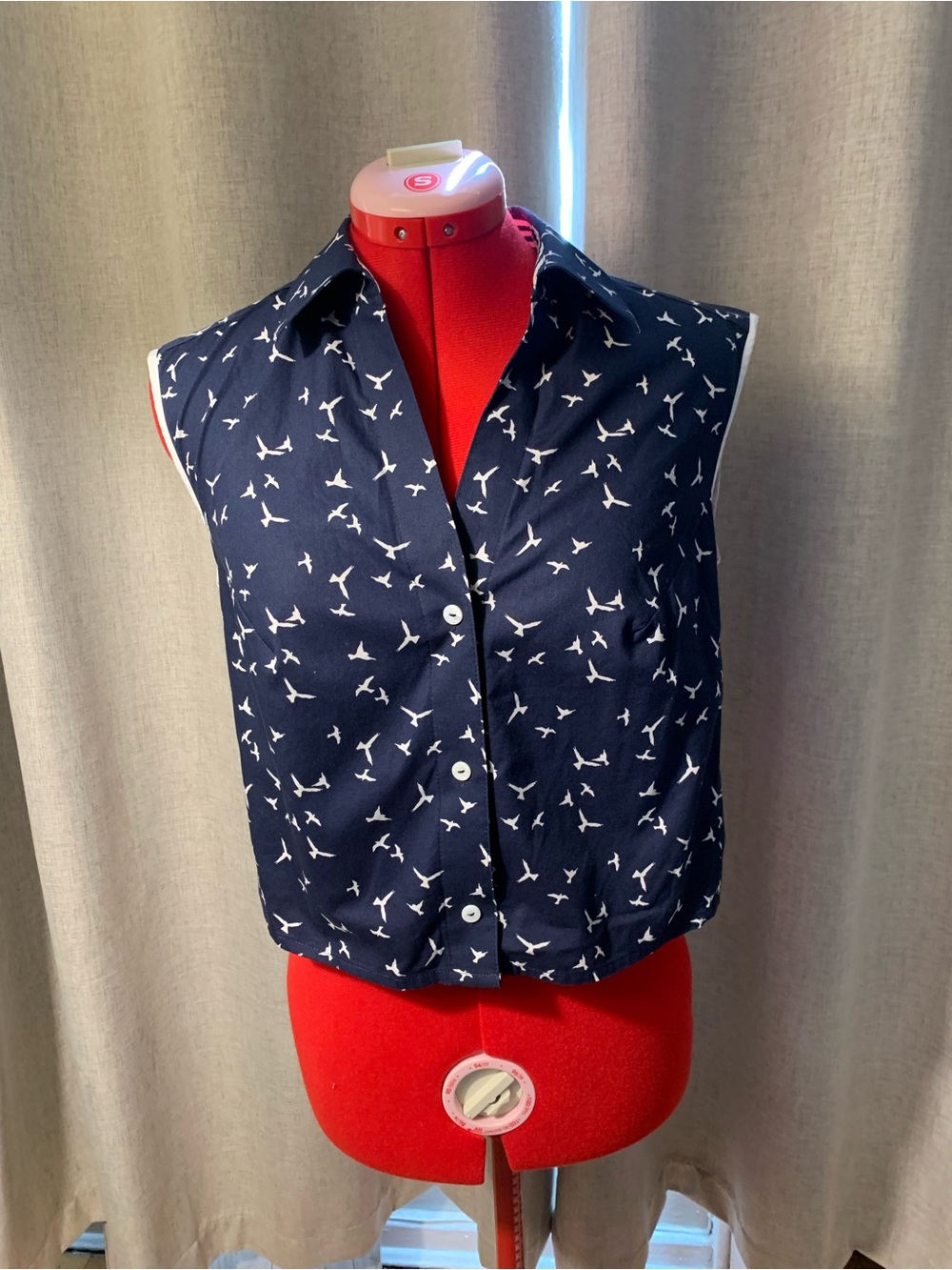 Foxcroft Navy Sleeveless Button-Down Top with White Bird Print
